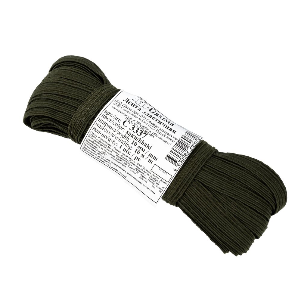 Резинка бельевая (стандартная) 10.0 мм, / 15х10 м плетеная, хаки/khaki, Gamma С 3337