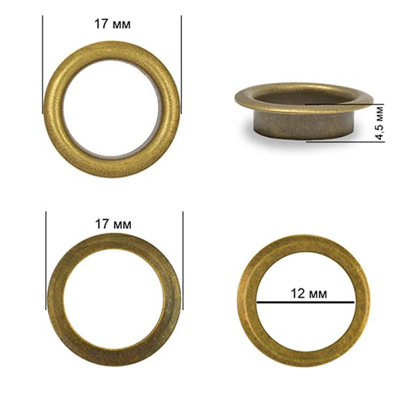 Люверсы металл ⌀12.0 мм (внутр.), внешн. ⌀17.0 мм (внутр.), h4.5 мм (внутр.), №26, сталь, цв. антик, 250 шт, TBY