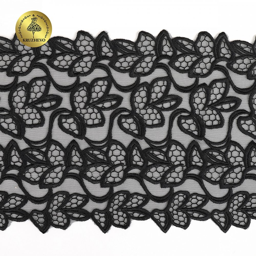 Кружево на сетке (вышитое) арт.T99 180мм цв.черный уп.6м, Kruzhevo