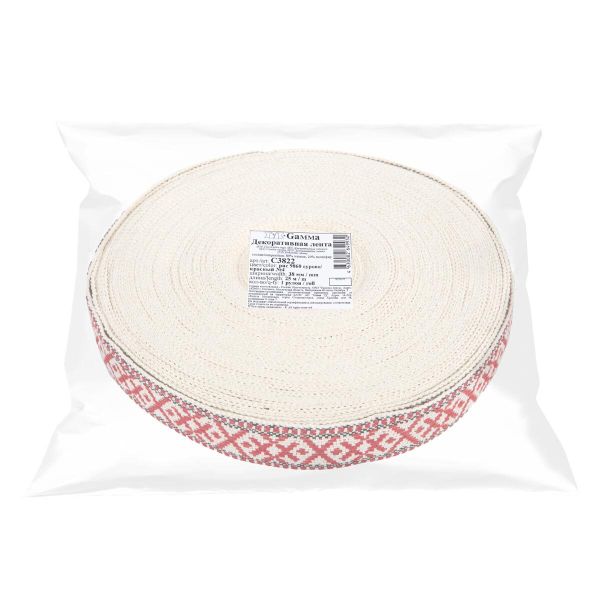 Лента (тесьма) жаккардовая 38.0 мм / 25±1 метров, для пояса, рис 9860 сурово/красный №4, Gamma С3822