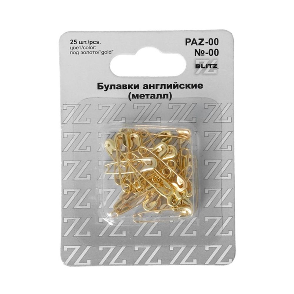 Булавки английские 22 мм, №00, 25 шт, железо, золото, Blitz PAZ-00