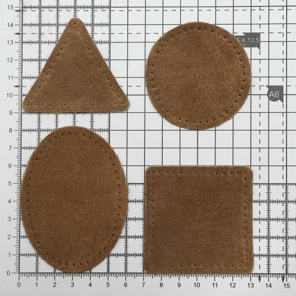 Набор заплаток пришивных из замши, круг, квадрат, треугольник, овал 6см, с перфорацией, 4 шт (32 кэмел), 59723