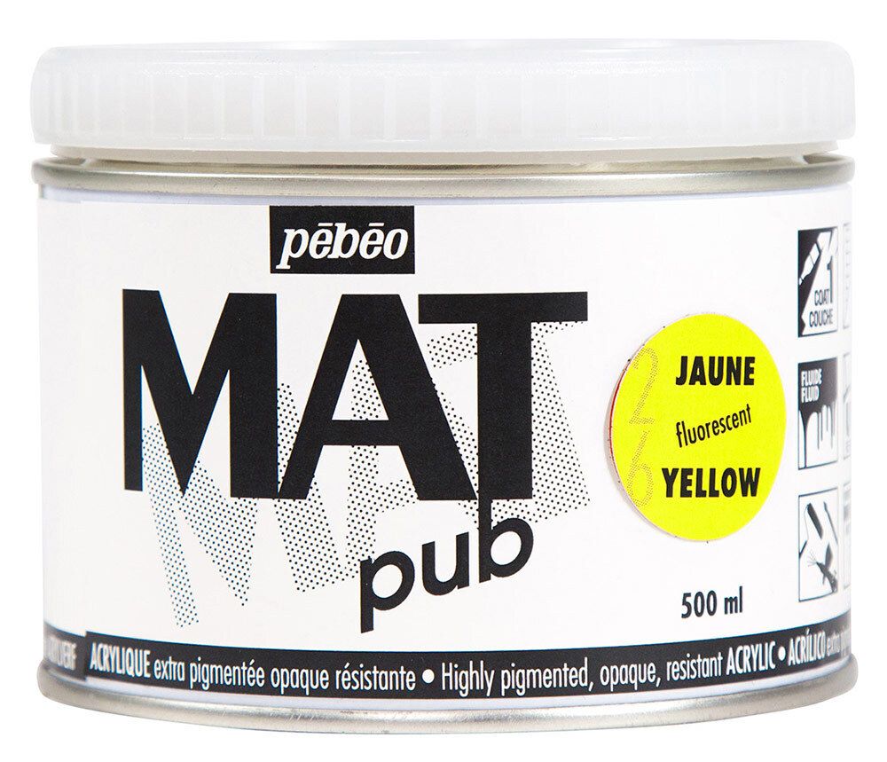 Краска акриловая экстра матовая Mat Pub 3, 500 мл, 257026 желтый флуоресцентный, Pebeo