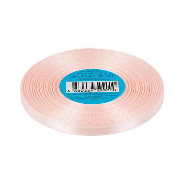 Лента атласная 1-сторонняя 6.0 мм / 33±2 метра, №151 бледно-розовый, в термоплёнке, Gamma