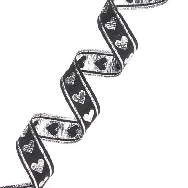 Тесьма декоративная металлизированная Сердечки 15 мм / 25 метров, 15005 черный/серебро