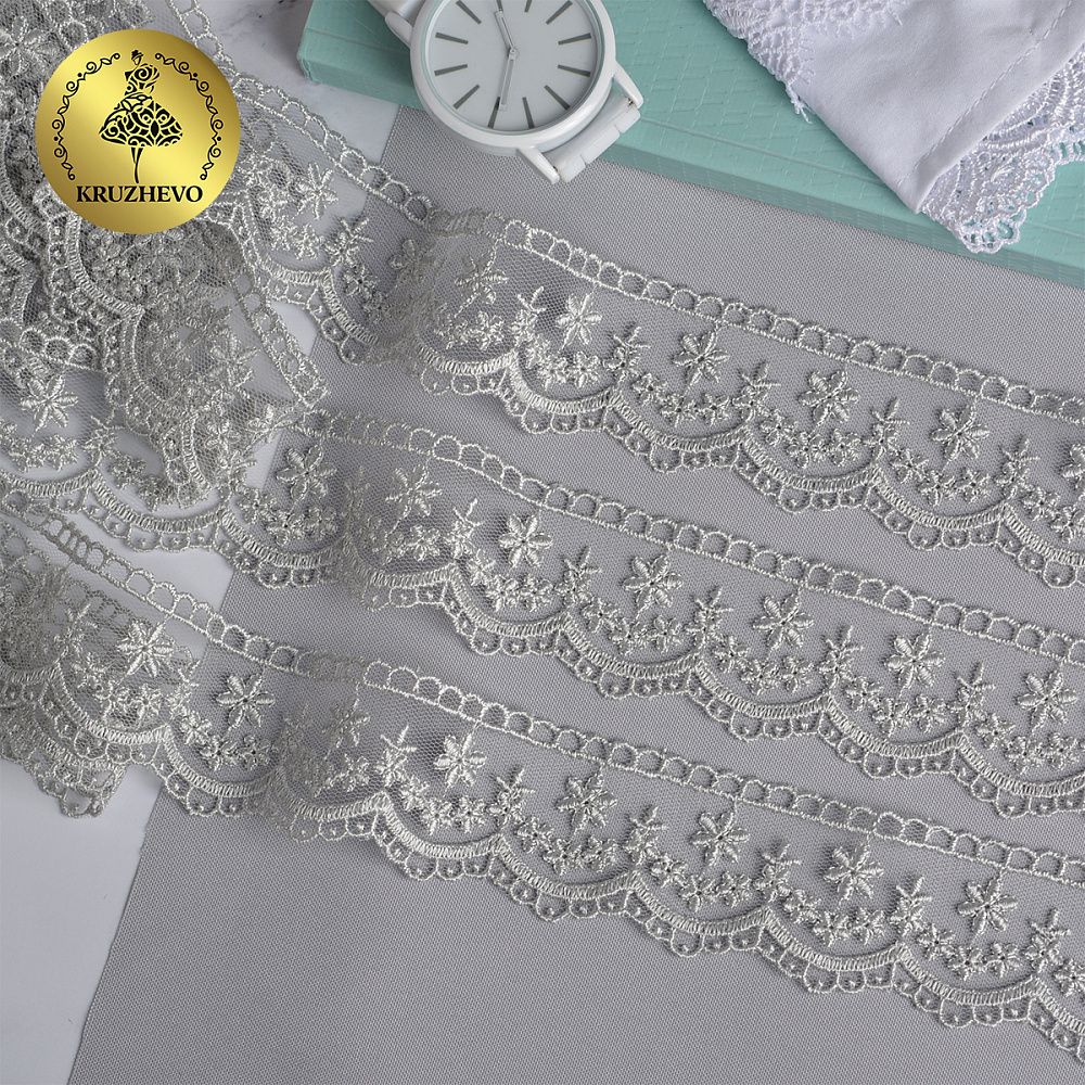 Кружево на сетке 35 мм, диз. 194, цв.04 серый, уп. 9 м, Kruzhevo