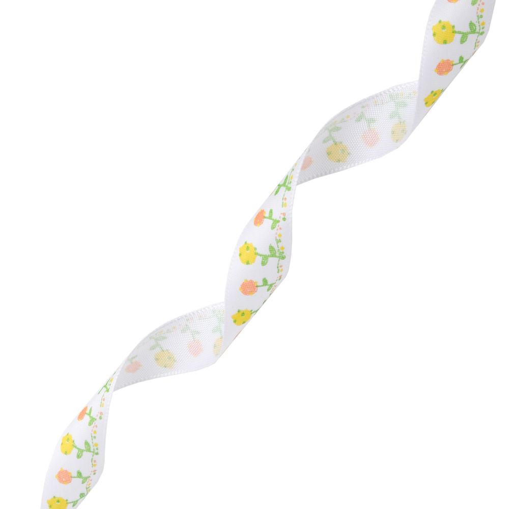 Лента атласная с рисунком 15.0 мм / 22.5±1 метров, Цветы, белый, Globus