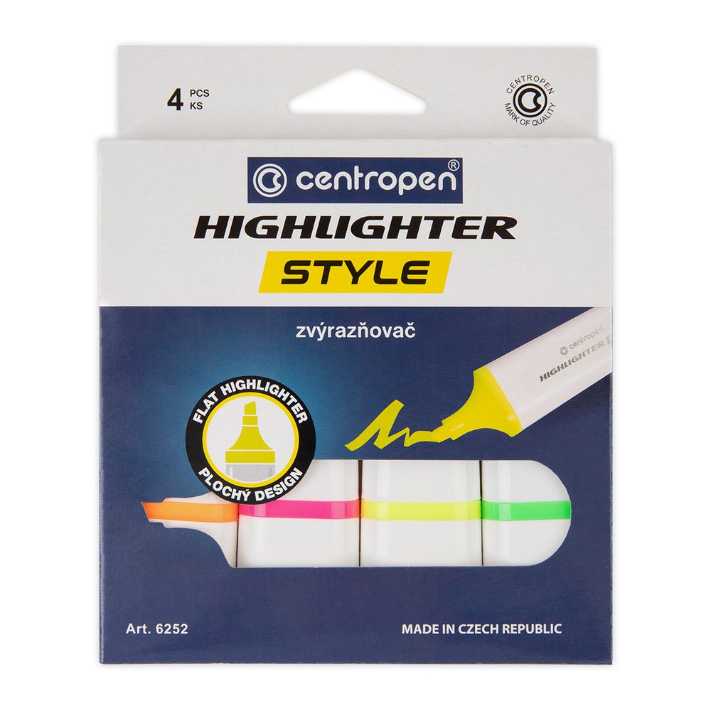 Набор текстовыделителей HIGHLIGHTER STYLE 6252/4 КК-4 1-4 мм, 4 цв. скошенное, 6252/4 КК-4 FLUO, Centropen 6252/4 КК-4