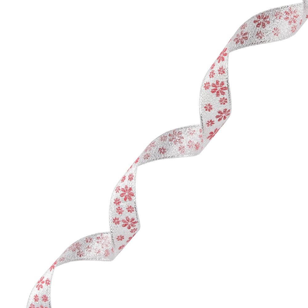 Лента декоративная Цветочки, DM-008, 15.0 мм / 32,9м серебро/красный