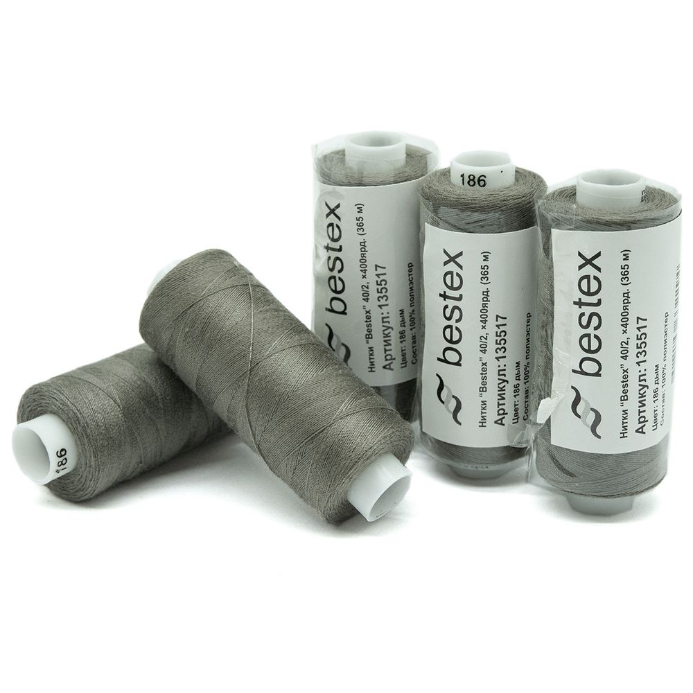 Нитки швейные бытовые Bestex 40/2, 365 м (400 ярд) / 10 кат., 186 дымчато-серый