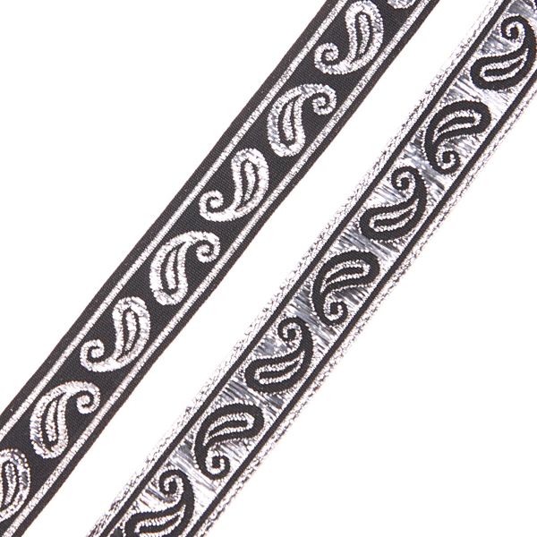 Тесьма декоративная металлизированная Пейсли 15 мм / 25 метров, 15006 черный/серебро