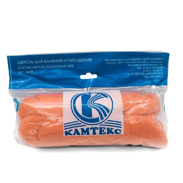Шерсть для валяния Камтекс Лента для валяния п/тонкая 1х50 г, (25-28 мкр), 2.1 м, 037 персик, 614644-29
