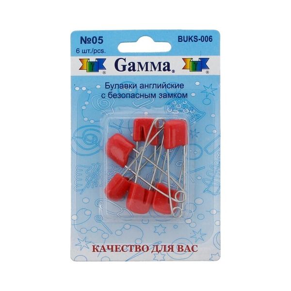 Булавки английские безопасные 40 мм, 6 шт, 05 красный, Gamma BUKS-006
