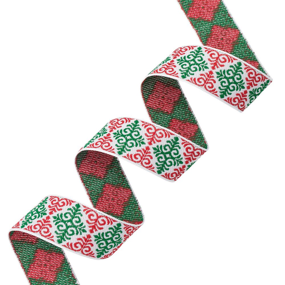 Лента (тесьма) жаккардовая 32.0 мм / 25 метров, Славянский орнамент Оберег, рис. 9788, белый / красный / зеленый, С3774Г17