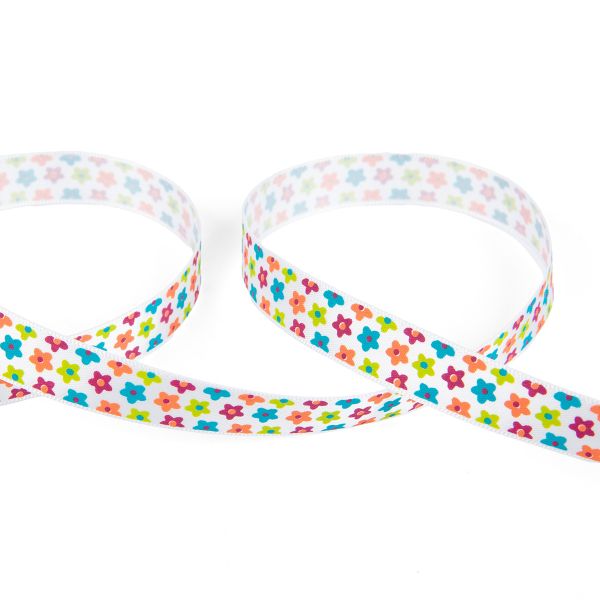 Лента атласная с рисунком 12.0 мм / 22.8 метров, F2/001 Цветы/белый, Gamma ALP-124