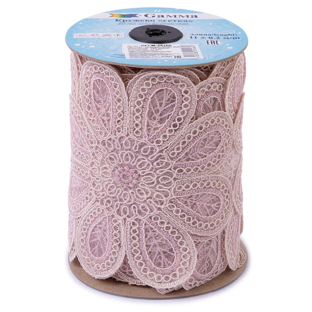 Кружево на сетке широкое 160 мм / 11 м, св.розовый, Gamma GFLM-24160