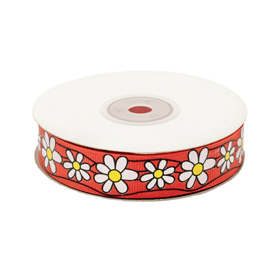 Лента репсовая (в рубчик) Ромашки 1,5см*22.86 м (красный)