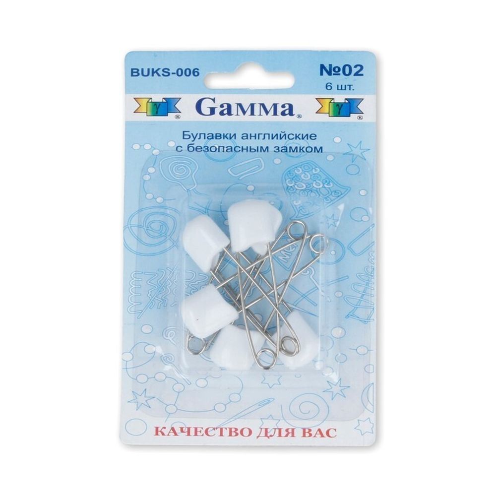 Булавки английские безопасные 40 мм, 6 шт, 02 белый, Gamma BUKS-006