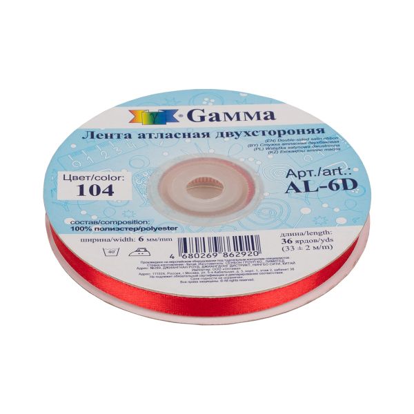 Лента атласная 2-сторонняя 6.0 мм / 33±2 метра, №104 т.красный, Gamma AL-6D