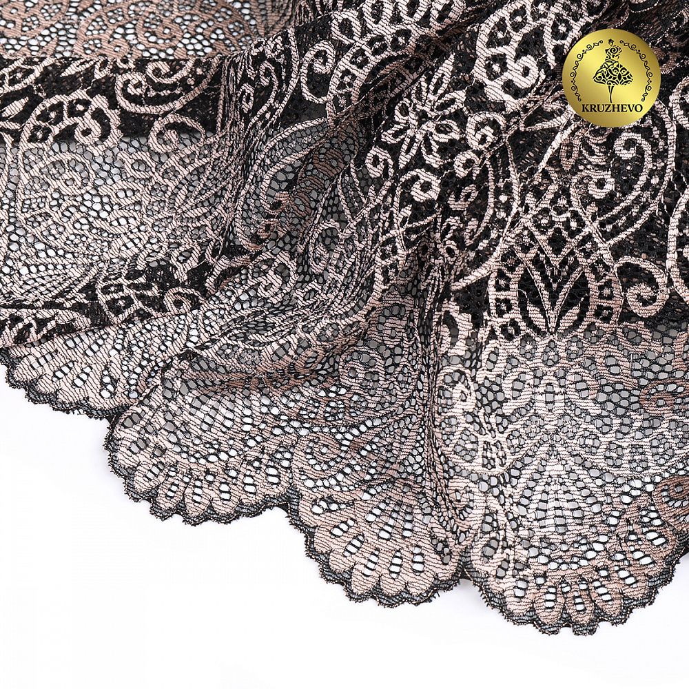 Кружево бельевое эластичное 240 мм / 25 м, 40992, цв.168 серебристый пион+черный, Kruzhevo