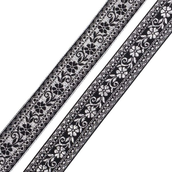 Лента (тесьма) жаккардовая 32.0 мм / 25±1 метров, с метанитом рис. 9842, черный/серебро, С3104Г17