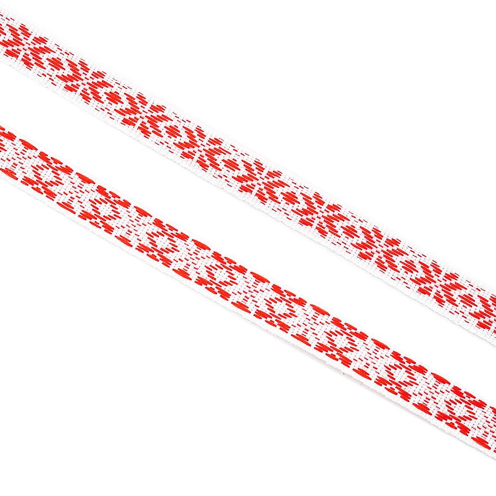 Лента (тесьма) жаккардовая 10.0 мм / 25±1 метров, Славянский орнамент Оберег, рис. 9741, белый/красный, С3853Г17