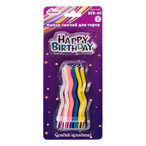 Набор свечей для торта 21 г 0.5 см, 12х10 шт, волнистые с топпером, Boomzee BCD-40