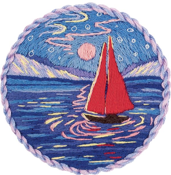 Набор для вышивания нитками Panna, Живая картина, Брошь. Парусник под луной, 5,5х5,5 см
