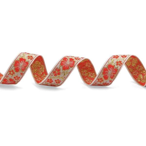 Лента (тесьма) жаккардовая 18.0 мм / 25±1 метров, с метанитом рис. 9579 Яблоневый цвет (9 белый/красный/золото) С1856Г17