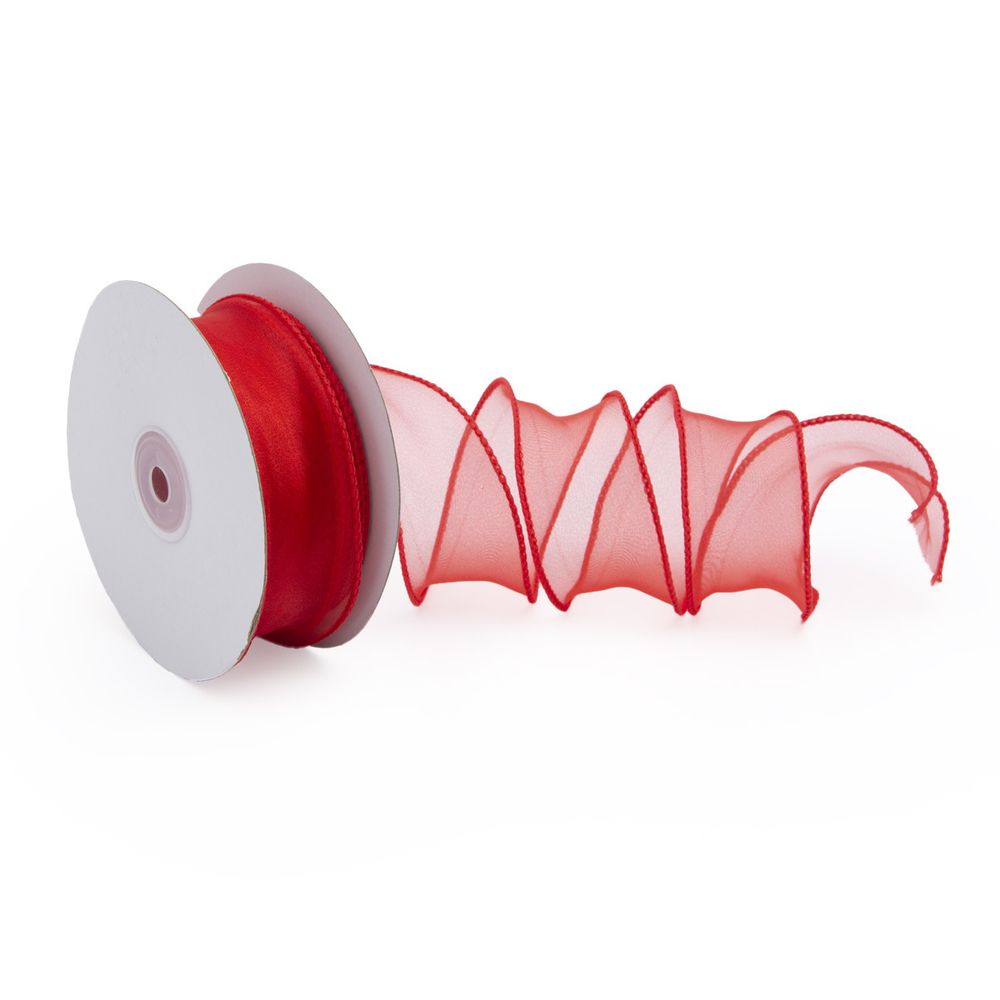 Лента декоративная с волнистым краем 38.0 мм / 18.29±1 метров, 100% органза, (01 красный)