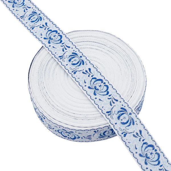 Лента (тесьма) жаккардовая 32.0 мм / 25±1 метров, рис. 9581 Гжель, (6 белый/синий/голубой) С1853Г17