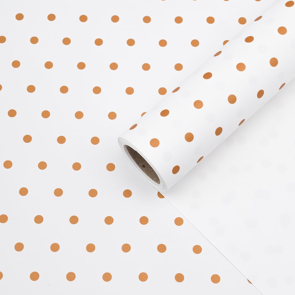 Пленка упаковочная для цветов и подарков Точки, 65 мкр, 58см / 10м ± 5% (VH2552 белый с золотыми точками)