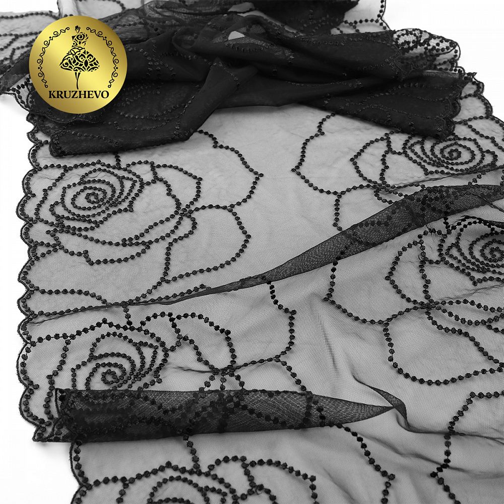 Кружево на сетке (вышитое) 325 мм, OG45 цв.черный уп.2.8м, Kruzhevo