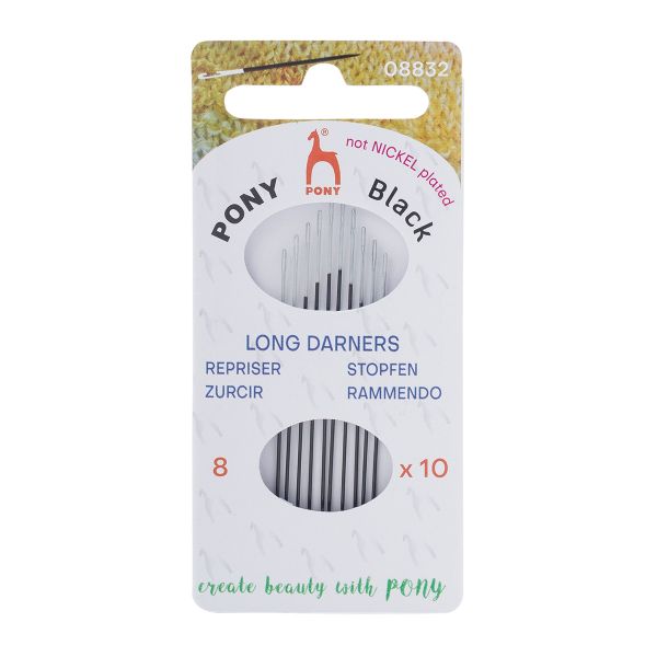 Иглы ручные для штопки длинные Long Darners Black №8 c белым ушком, 10 шт, Pony, 08832