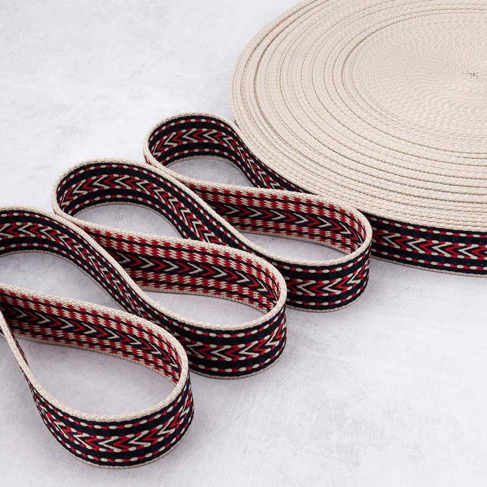 Стропа (ременная лента) 38 мм / 45.72 метра, [35.87 г/пог.м], с принтом, T0208 красный/т.синий/молочный, 3Al362