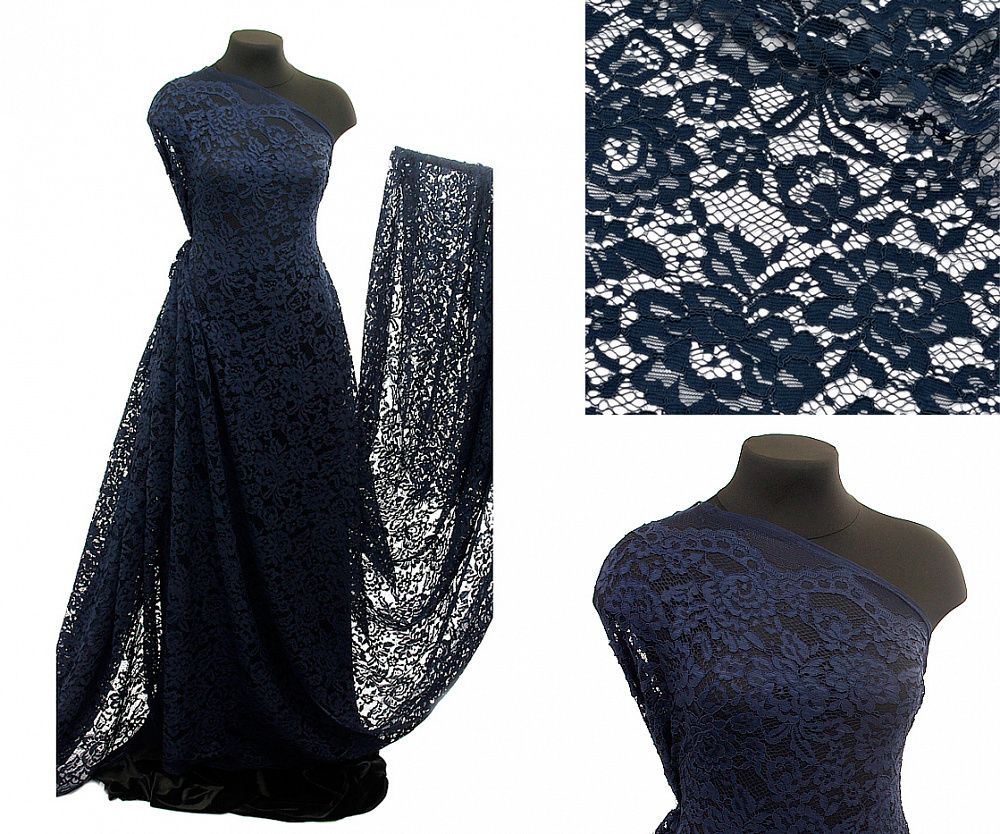 Ткань кружевная гипюр с кордом 130 г/м², 145 см / 1 метр, TBY.LN-3002 цв.т.синий