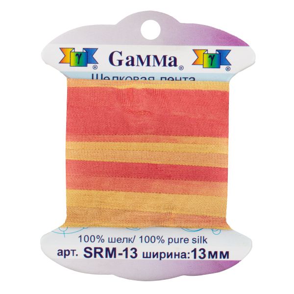 Лента (тесьма) шелковая 13.0 мм / 9.1±0.5 метров, M127 желтый/коралловый, Gamma SRM-13