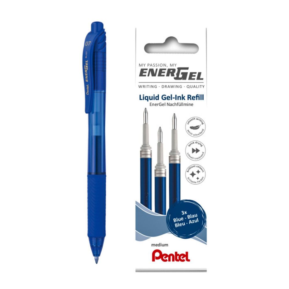 Набор стержней, 3 шт, + ручка в подарок Pentel ⌀0.7 мм, LR7-3C-PROMO синие чернила цвет чернил: синий