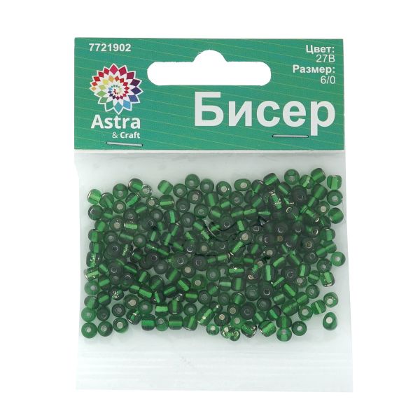 Бисер Astra&Craft 6/0 (4.1 мм), 150 г (10х15 г), цв. 27В зеленый/прозр.серебрист.центр