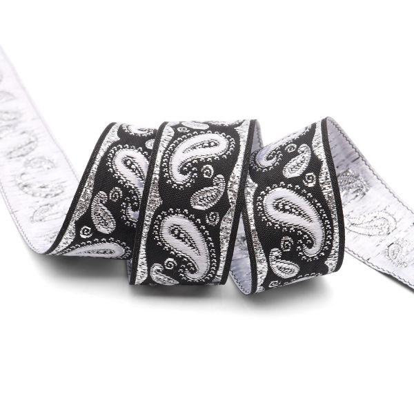 Лента (тесьма) жаккардовая 22.0 мм / 10±0.5 метров, Пейсли, 22807 черный/серебро