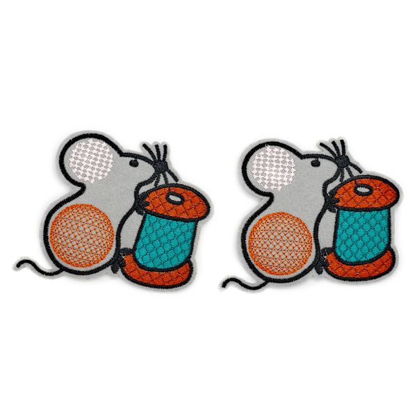 Термоаппликация вышитая Мышка с катушкой 7*7,5см (2 шт) (1 серый/розовый/оранжевый) 15833