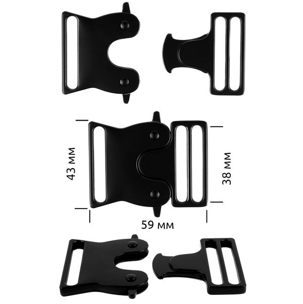 Фастекс (пряжка трезубец) металл 38 мм, 59x43 мм, мат.черный, 6 шт