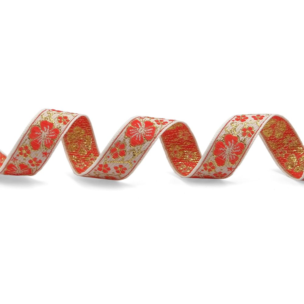 Лента (тесьма) жаккардовая 18.0 мм / 25±1 метров, с метанитом рис. 9579 Яблоневый цвет (9 белый/красный/золото) С1856Г17