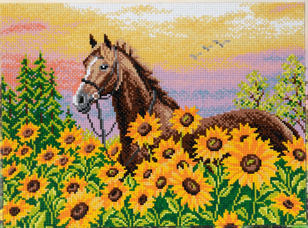 Алмазная (кристальная) мозаика Фрея ALPD-112, на подрамнике Лошадь в подсолнухах, 40х30 см