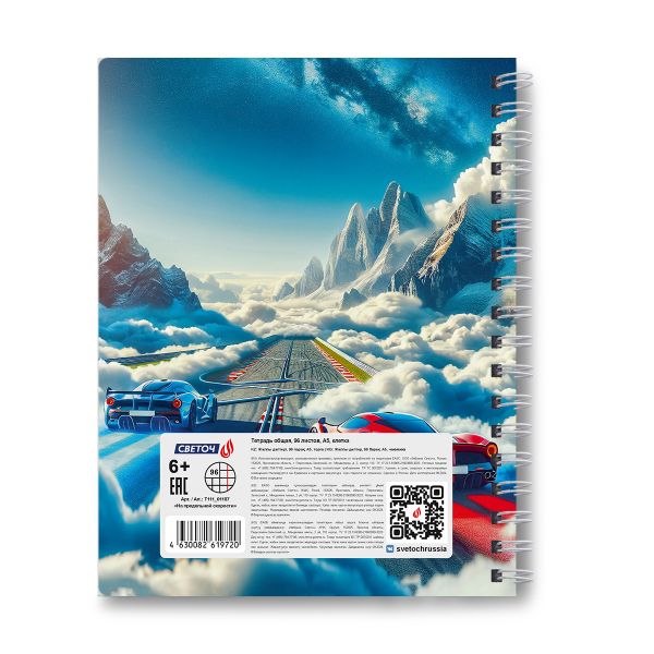 Тетрадь ученическая общая, A5 96 л. на гребне 60 г/м², белизна 90 %, 4 шт, клетка, 01187 На предельной скорости, Светоч Т111