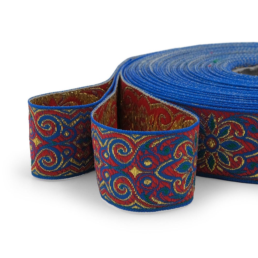 Лента (тесьма) жаккардовая 32.0 мм / 25±1 метров, с метанитом рис. 9171 (8 синий/красный/зеленый/золото) С3104Г17