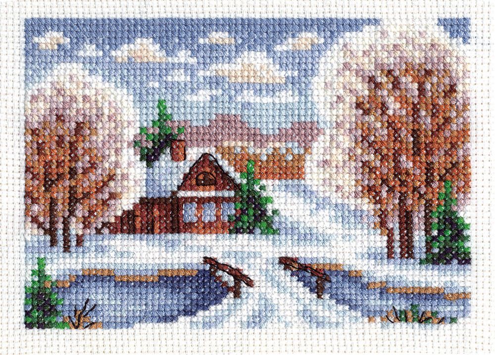 Набор для вышивания нитками Panna, Избушка в снегу, 13х9 см