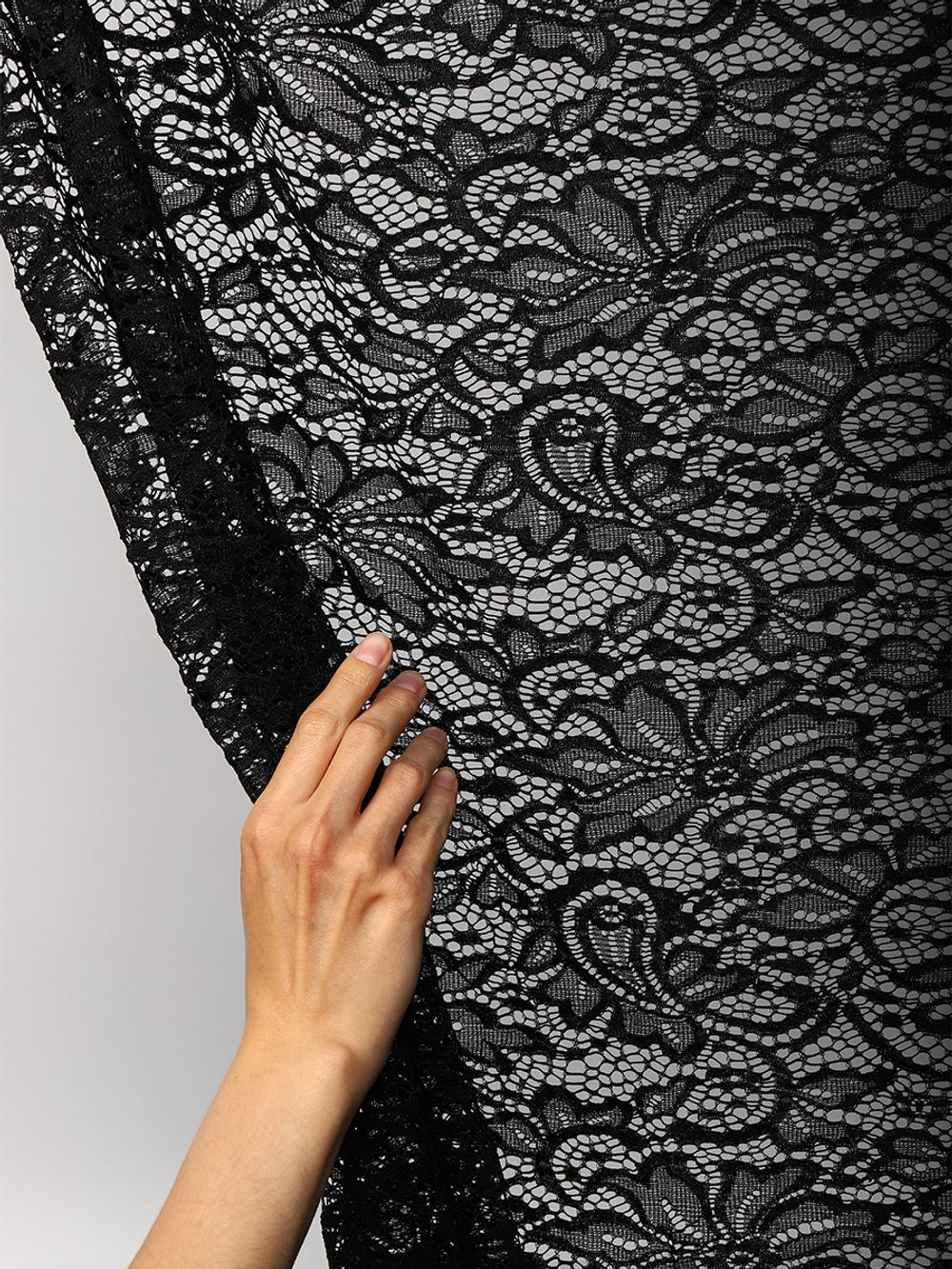 Ткань кружевная гипюр стрейч 100 г/м², ш.150см, арт.G2627 цв.черный, уп.25м