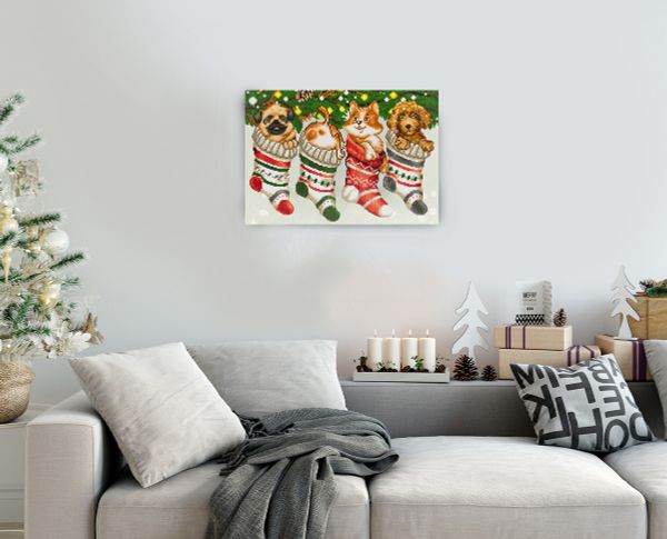 Алмазная (кристальная) мозаика Фрея, на подрамнике Щенки в носках, 40х30 см