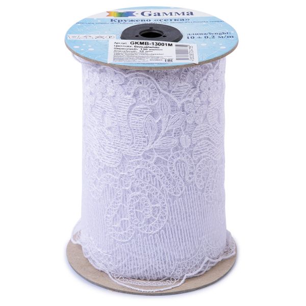 Кружево на сетке широкое 130 мм / 10 м, белый, Gamma GKMB-13001M